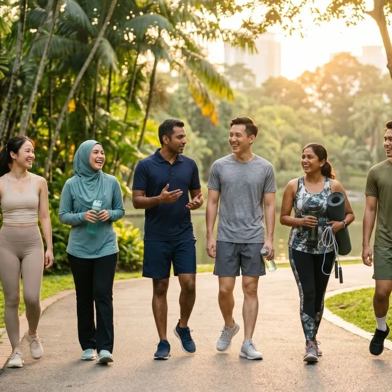 a group of healthy malaysian walking while chatting after workout